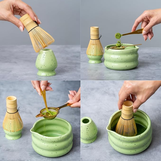 Matcha Whisk Set With Ceramic Matcha Bowl, Bamboo Whisk & Holder, Stainless Steel Spoon & Sifter, Glass Cup & Straw, Electric Frother, Storage Bag - Gift for Matcha Lovers (Premium 9-Piece Set Green)