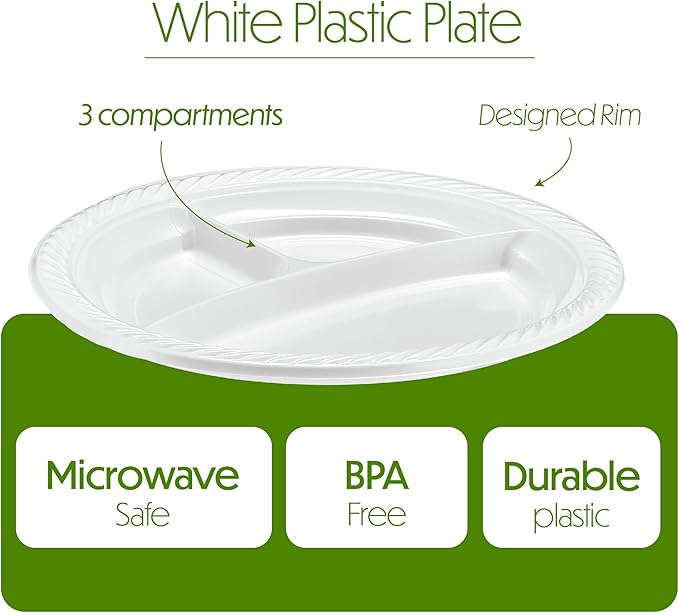 PLASTICPRO 9 inch Round Plastic Plates 3 Compartment - 3 Section Plates Microwaveable, Disposable, White, Dinnerware 100 Count