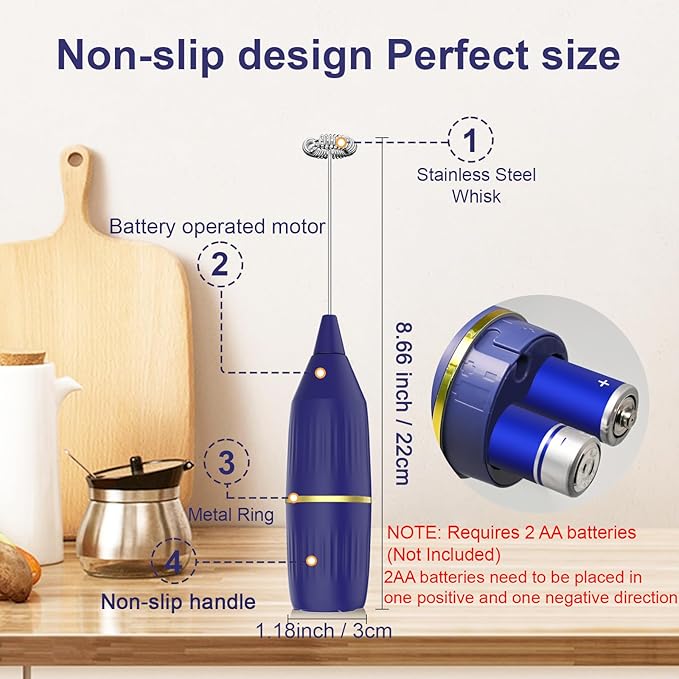 Cordless Milk Frother Handheld | Easy Clean, Detachable | Multi-Functional Drink Mixer for Coffee, Matcha, Eggs | Compact & Portable | Gift (Blue)