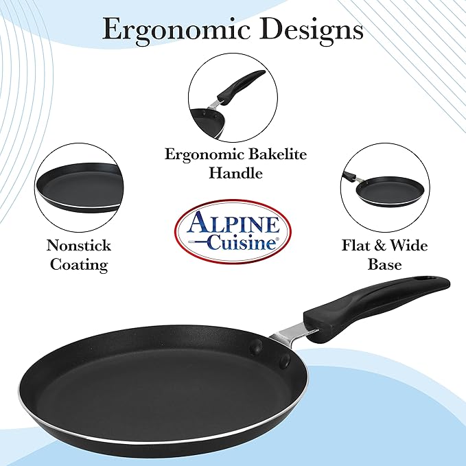 Alpine Cuisine Griddle Pan Aluminum 12-Inch Nonstick Coating, Griddle Pan for Stove Top with Stay Cool Handle, Durable Nonstick Cookware - Dishwasher Safe - Gray