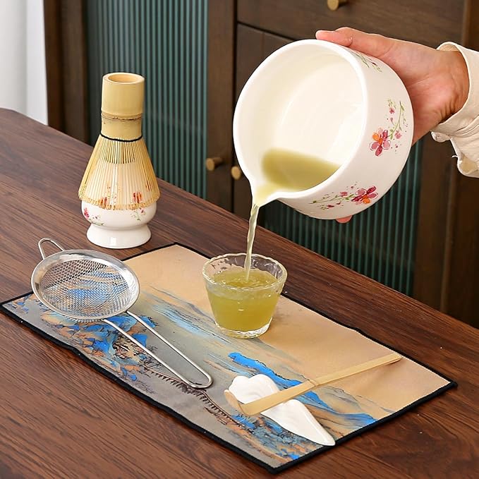 Matcha Set 7-Piece matcha whisk set Kit with Ceramic Bowl, Bamboo Whisk & Holder, 1 Scoops, Strainer, Tea Cloth Pink gift box (white)