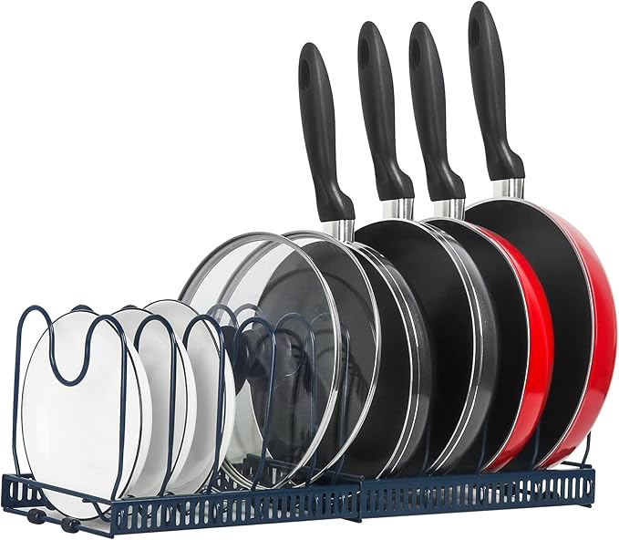 ROOHUA Expandable Pot and Pan Organizer - Cabinet Pot Lid Holder with 10 Adjustable Compartments for Cookware, Baking, Frying (Dark Blue, 10)