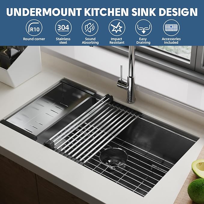30"x19" Undermount Kitchen Sink Cabient, 16 Gauge Single Bowl Stainless Steel Kitchen Sink, Nano Coating & Brushed Finish Matte Black Undermount Workstation with Ledge and Accessories