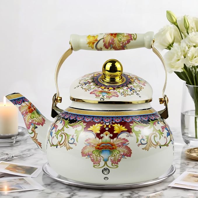 2.5L Floral Enamel Tea Kettle with Ceramic Handle, Stovetop Teapot - Lead-Free, No Whistle, Ideal Gift for Tea Lovers, Used for Drinking Tea in Camping Courtyards