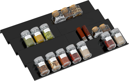 Acrylic Spice Drawer Organizer Rack Adjustable From 12 Inch to 24 Inch Wide, 4 Tier Spice Organizer Shelf for Kitchen Drawer Display, Kitchen Spice Rack Tray for Drawer