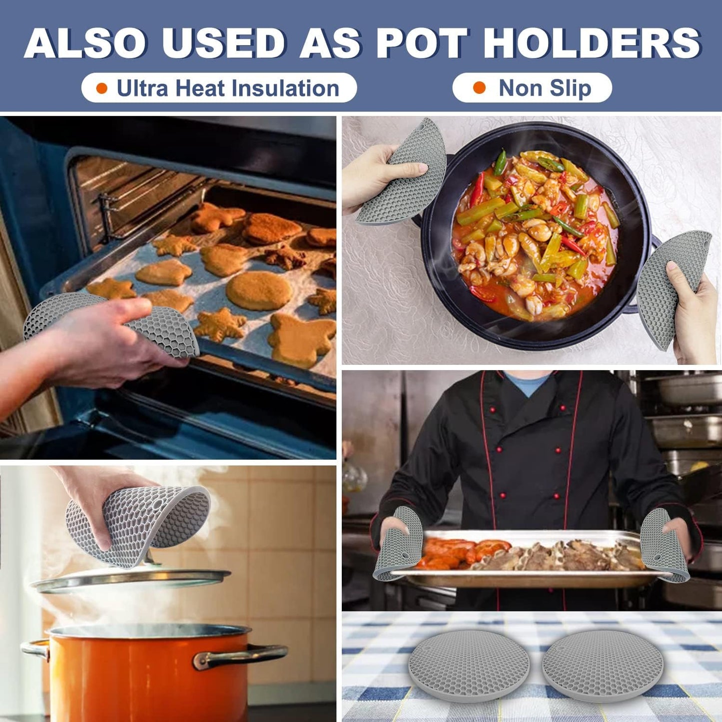 Walfos Silicone Trivet Mats - 4 Heat Resistant Pot Holders, Multipurpose Non-Slip Hot Pads for Kitchen Potholders, Hot Dishers, Jar Opener, Spoon Holder, Food Grade Silicone & BPA Free (Round)