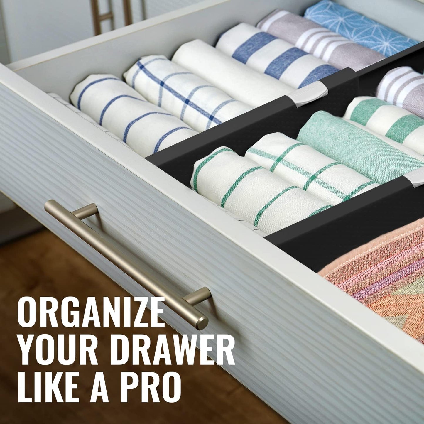RAPTUROUS Adjustable Drawer Dividers 6 Pack, 4” High, 11-17” Long, Dresser Drawer Organizer for Bedroom, Closet, Kitchen, Nursery, Office, Strong Hold, Soft Foam Edges, Black
