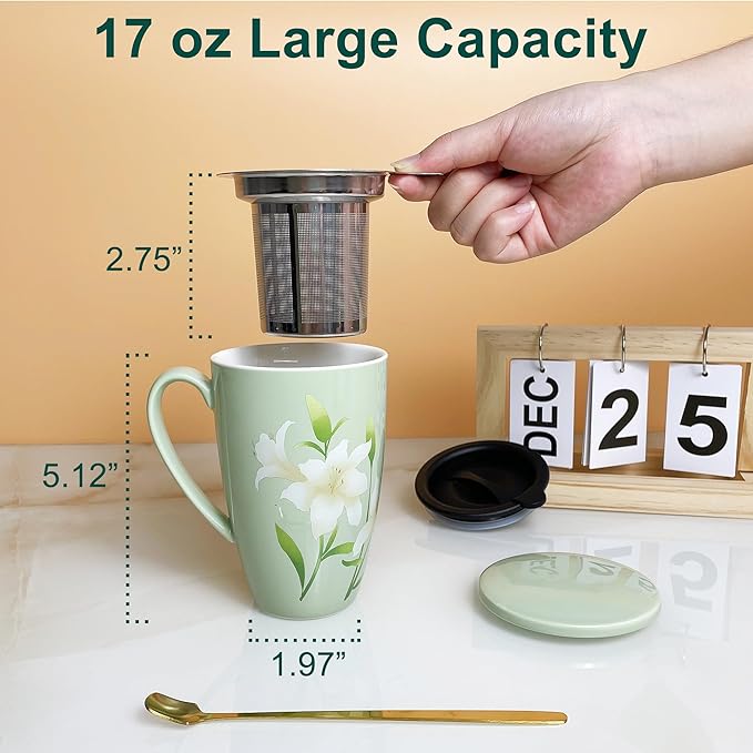 Tea Infuser Cup, 17oz Porcelain Large Tea Mugs with Infuser and Lid for Housewarming, Graduation, Retirement, Lily Green