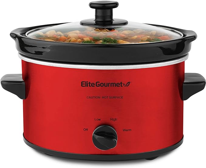 Elite Gourmet MST-275XR# Electric Oval Slow Cooker, Adjustable Temp, Entrees, Sauces, Stews & Dips, Dishwasher Safe Glass Lid & Crock (2 Quart, Metallic Red)