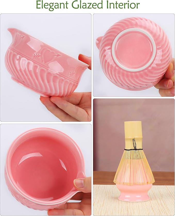 Pink Matcha Whisk Set, 8 Pcs Ceramic Matchas Set Includes Bowl, Whisk and Holder, Scoops, Bamboo Scoop, Scoop Rest, Sifter and Tea Towel, Kit for Matcha-Lovers