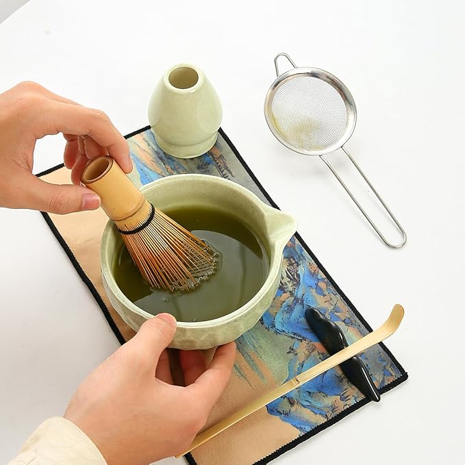 7-Piece Matcha Whisk Set, green Ceramic Matcha Bowl with Unique Diamond Design, Bamboo Whisk, Scoop, Sifter & Tea Towel - Complete Matcha Kit for Tea Lovers (Pink Gift Box) (green)