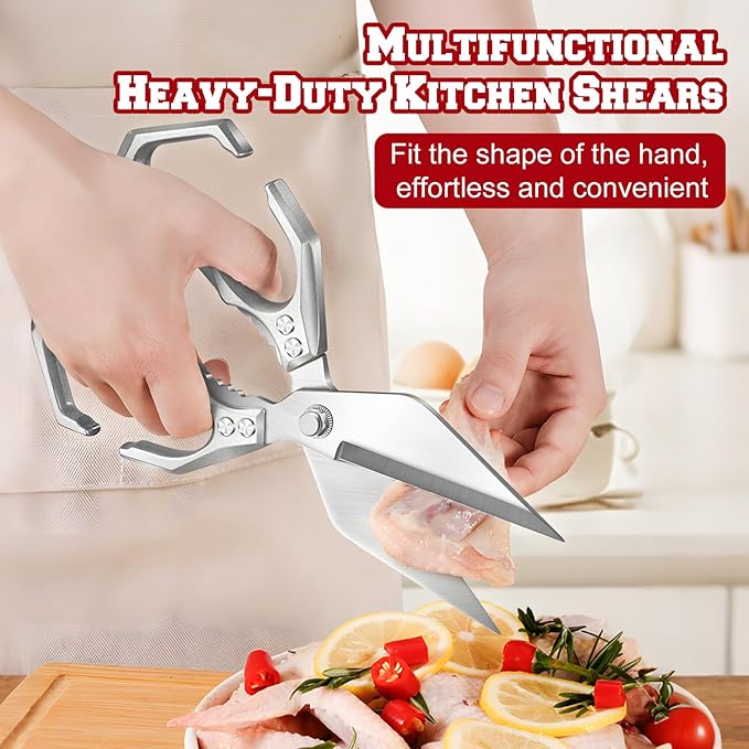Multifunctional Heavy-Duty Kitchen Shears, Heavy Duty Kitchen Scissors for Food with Ergonomic Handle,Stainless Steel Culinary Shears for Chicken Meat Seafood Bone Cutting,Cooking Accessories(Sliver)