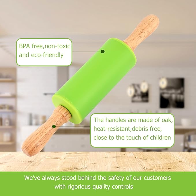 Mini Silicone Rolling Pin for Kids, Non-stick Surface Wood Handle, 9 Inch 6 Pack