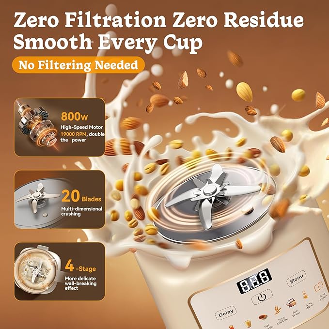 55oz Nut Milk Maker, Automatic Milk Maker with 20 Blades for Homemade Almond, Oat, Soy Milk, Plant-Based Milk, 10 in 1 Milk Maker Machine with Delay Start/Keep Warm/Self Clean/Boil Water