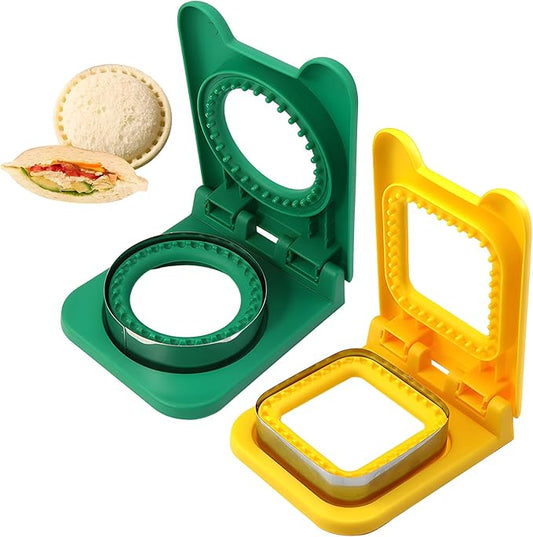 Uncrustable Sandwich Maker Sandwich Cutter and Sealer 2-in-1, Square and Round Crustless Sandwich Maker for Lunch, Picnic, School, Fast Healthy Snacks (Yellow & Green)