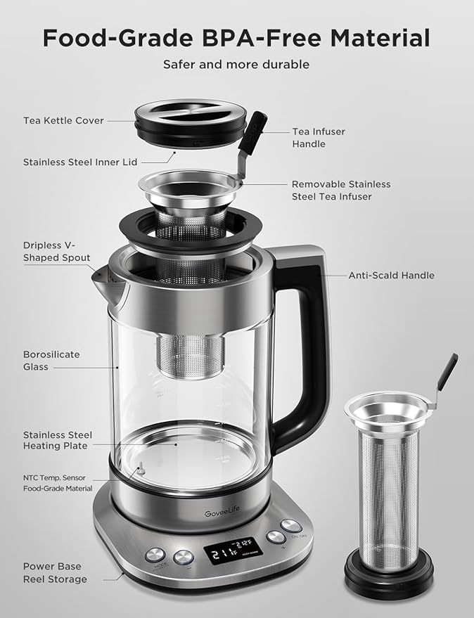 GoveeLife Smart Electric Kettle with Tea Infuser for Loose Leaf, 1.7 L Electric Tea Kettle with Brewing Program, Variable Temperature Control, 2 H Keep Warm & Auto Shut off, BPA Free, Sliver