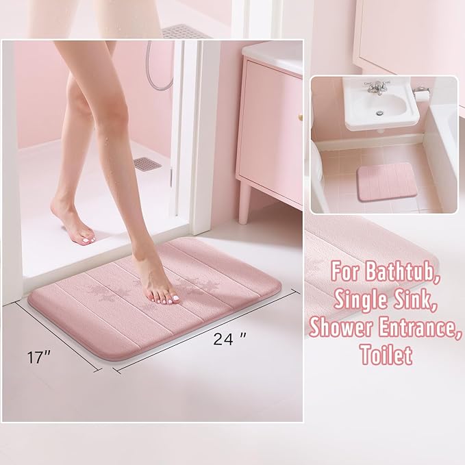 Yimobra Pink Bath Mat 24x17 Inch, Super Soft Absorbent Memory Foam Bathroom Rug Non Slip, Quick Dry, Machine Washable Floor Carpet for Tub Shower, Home Decor Accessories