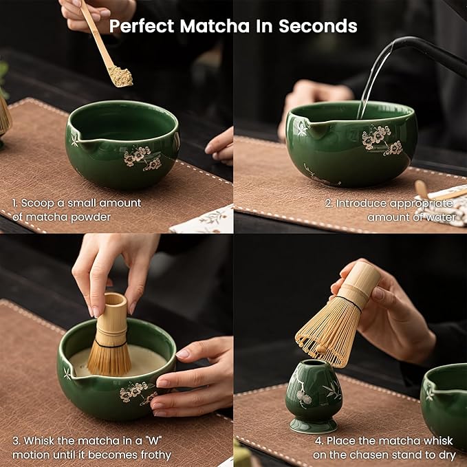Matcha Whisk Set, Ceremonial Grade Matcha Set, Macha Making Kit with Matcha Bowl with Spout, Chashen Holder, Bamboo Whisk and Scoop, Gift for Matcha Green Tea Lovers
