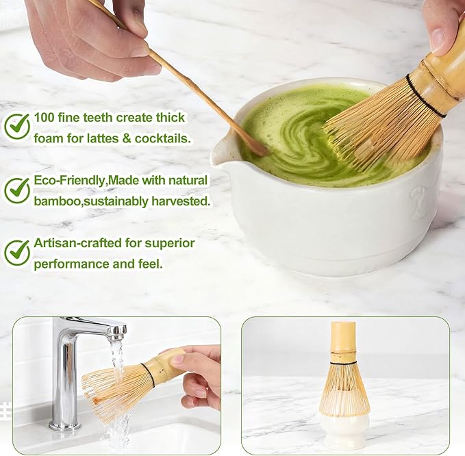 7Pcs Matcha Whisk Set,Ceramic Matcha Tea Set Includes Whisk Matcha Bowl Scoop and Whisk with Holder Sifter Towel,Elegant Matcha Kit Gift for Matcha Enthusiasts and Tea Lovers(White)
