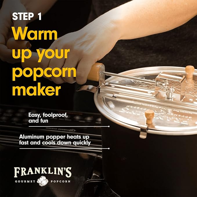 Franklin's Gourmet Popcorn - Movie Night Bundles - Whirley Popper, 28 oz. Organic Popcorn Kernels, 19 oz. Butter Flavored Salt, 30 oz. Butter Flavored Coconut Oil