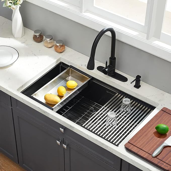 Undermount Kitchen Sink, 33 x 19 x 10 Inch Sink Kitchen 16 Gauge Stainless Steel Kitchen Sinks Gunmetal Black Single Bowl Workstation Sink with Cutting Board