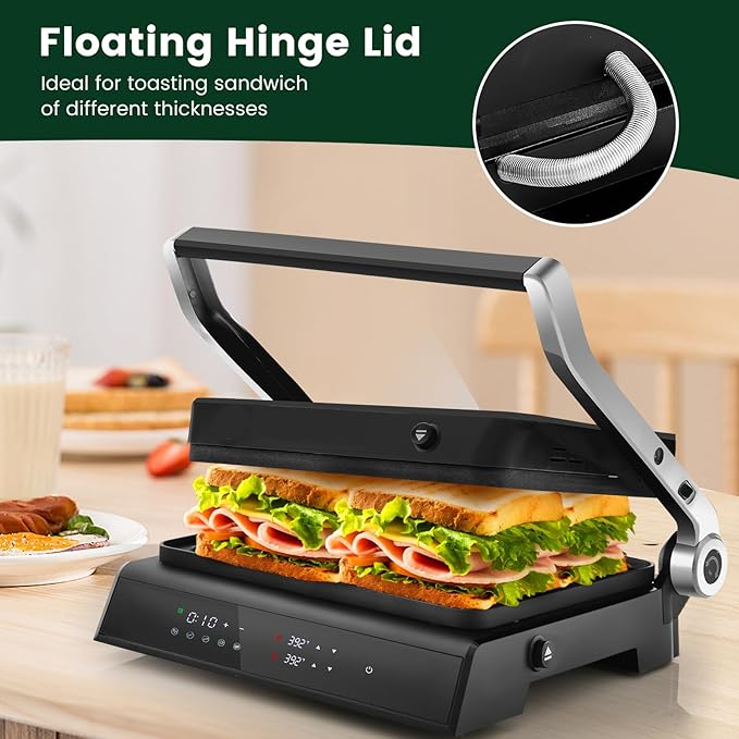 ARLIME 3 in 1 Panini Grill Press Sandwich Maker, 180 Degrees w/5 Auto Cooking Modes & LED Display, 1200W Electric Indoor Grill with Removable Plates & Drip Tray, Panini Press Grill for Breakfast