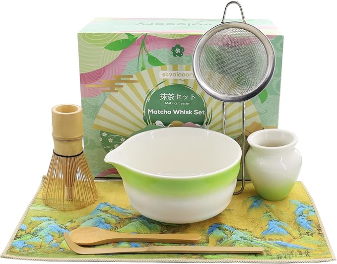Matcha Whisk Set,7-Pcs Matcha Making Kit with Matcha Bowl,Whisk,Chasen Holder, Sifter, Tea Towel,Measuring Spoon,Bamboo Scoop,Ceremony Matcha Set Lovers Gift (Green)