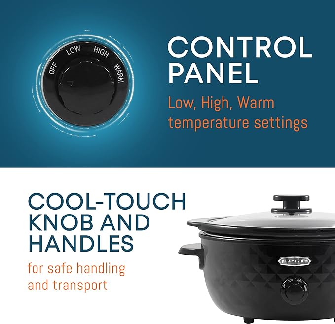 Elite Gourmet MST-1234B## 6 Quart Diamond Pattern Slow Cooker, Removable, Dishwasher-Safe Stoneware Pot with Tempered Glass Lid, Cool-Touch Handles, 6 Quart, Black