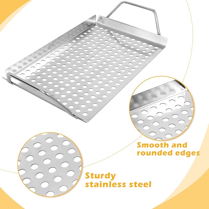 11 x 7 Inch Nonstick Grill Tray with Handles,Perforated Stainless Steel Grill Pans for Outdoor Grill,Heavy Duty Grilling Accessories for Charcoal/Gas Grills,Easy to Use and Clean