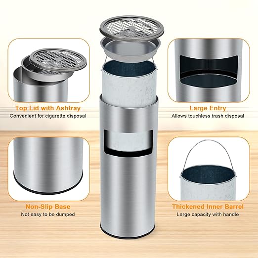 GarveeHome 4.5 gal/17 L Indoor Outdoor Trash Can, Commercial Garbage Can with Removable Inner Bucket, Stainless Steel Ashtray Metal Can, Waste Bin Container with Lid for Outside Patio