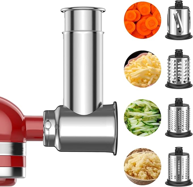 Stainless Steel Slicer Shredder Attachment for KitchenAid Stand Mixers, Cheese Grater Attachment For Kitchenaid, Salad Maker, Grinding Powder, Dishwasher Safe with 4 Blades