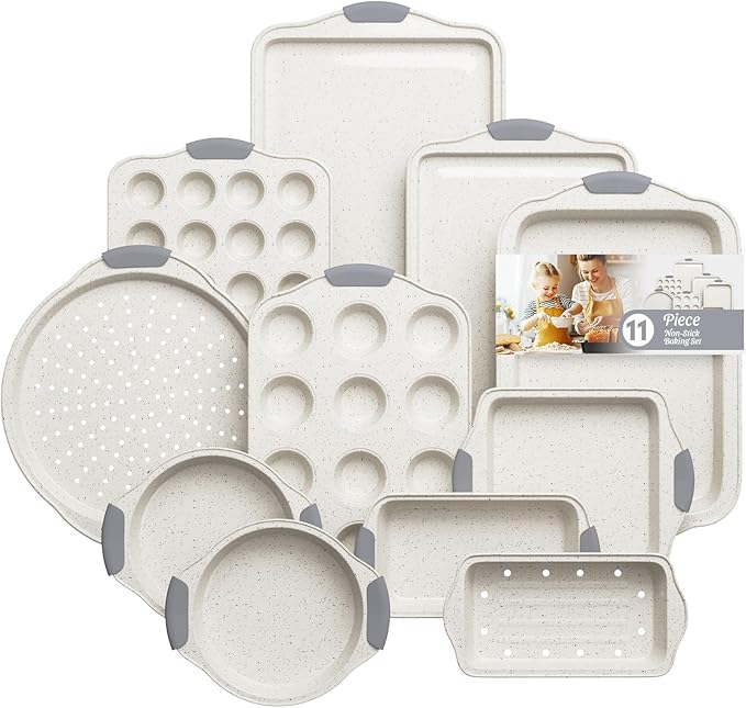 11-Piece Nonstick Baking Pans Set, Stackable Non Toxic Bakeware Sets with Cookie Sheets, Cake Pan, Loaf Pan, Pizza Pan, Muffin Pan, White&Gray