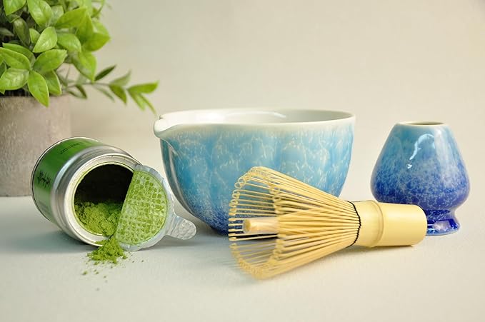 Matcha set, 8pcs Matcha Set Kit Includes Ceramic Matcha Bowl, Bamboo Whisk (Chasen), Whisk Holder, Sifter, Bamboo Scoop, Scoop Rest, Tea Towel, Matcha Whisk Set for Matcha Tea Ceremony, Blue