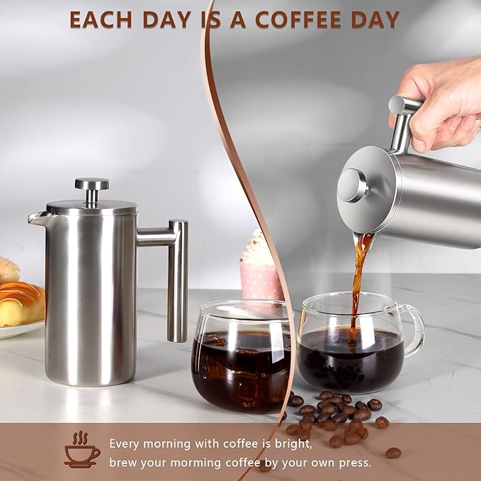 12 OZ French Press Coffee Maker, Sturdy Insulated Full Stainless Steel Coffee Press, Mini Small Camping French Presses Maker, 1-2 Cup Teapot for Kitchen Travel Elegant Silver 350ml