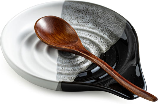 Large Ceramic Spoon Rest for Stove Top & Kitchen Counter, Heat-Resistant Spoon Holder for Cooking Utensils, Spatula & Ladles, Nonstick, Dishwasher Safe, Cute Design, Gradient Black