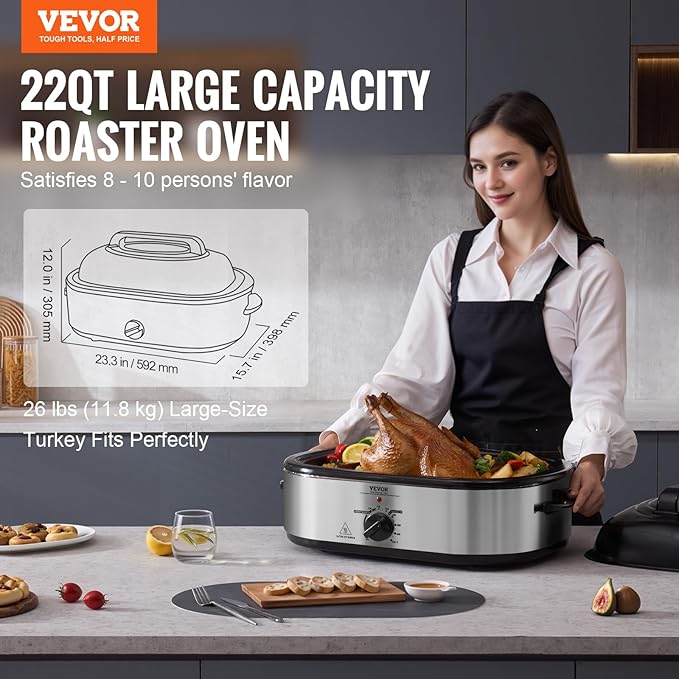 VEVOR Electric Roaster Oven, 22 QT Turkey Roaster with Self-Basting Lid, 1450W Roaster with Defrost & Warm Function, Adjustable Temp, Removable Pan & Rack, Fits Turkeys Up to 26LBS, Silver