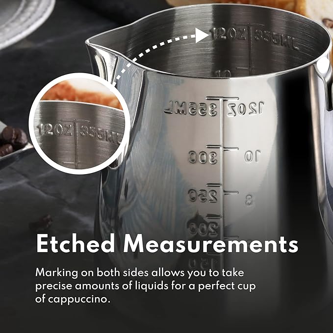 New Star Foodservice 28805 Commercial Grade Stainless Steel 18/8 Frothing Pitcher, 12-Ounce with Measurement Scale (Pack of 2)