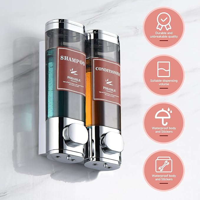 Shampoo and Conditioner Dispenser Wall Mounted Shower Soap Dispenser No Drill Shampoo Dispenser for Shower 2 Chamber Bathroom Body Wash Shower Gel Holder Chrome