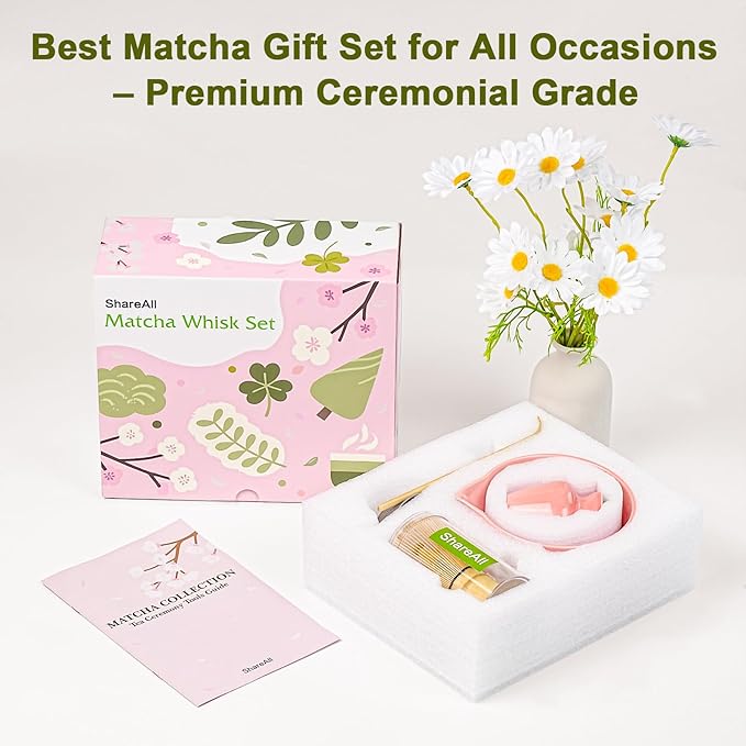 Matcha Whisk Set - 5Pcs Japanese Tea Set Includes Ceramic Matcha Bowl with Spout, Bamboo Whisk with Holder, Scoop and Sifter, Essential Matcha Kit for Tea Ceremony, Gift for Beginners (Pink)