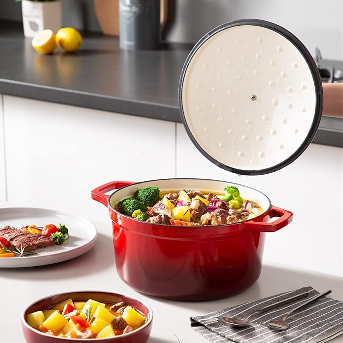 vancasso 6 QT Enameled Cast Iron Dutch Oven with Lid, Dual Handles for Bread Baking, Heavy-duty Round Dutch Oven, Non Stick Coating, All Heat Source, Red