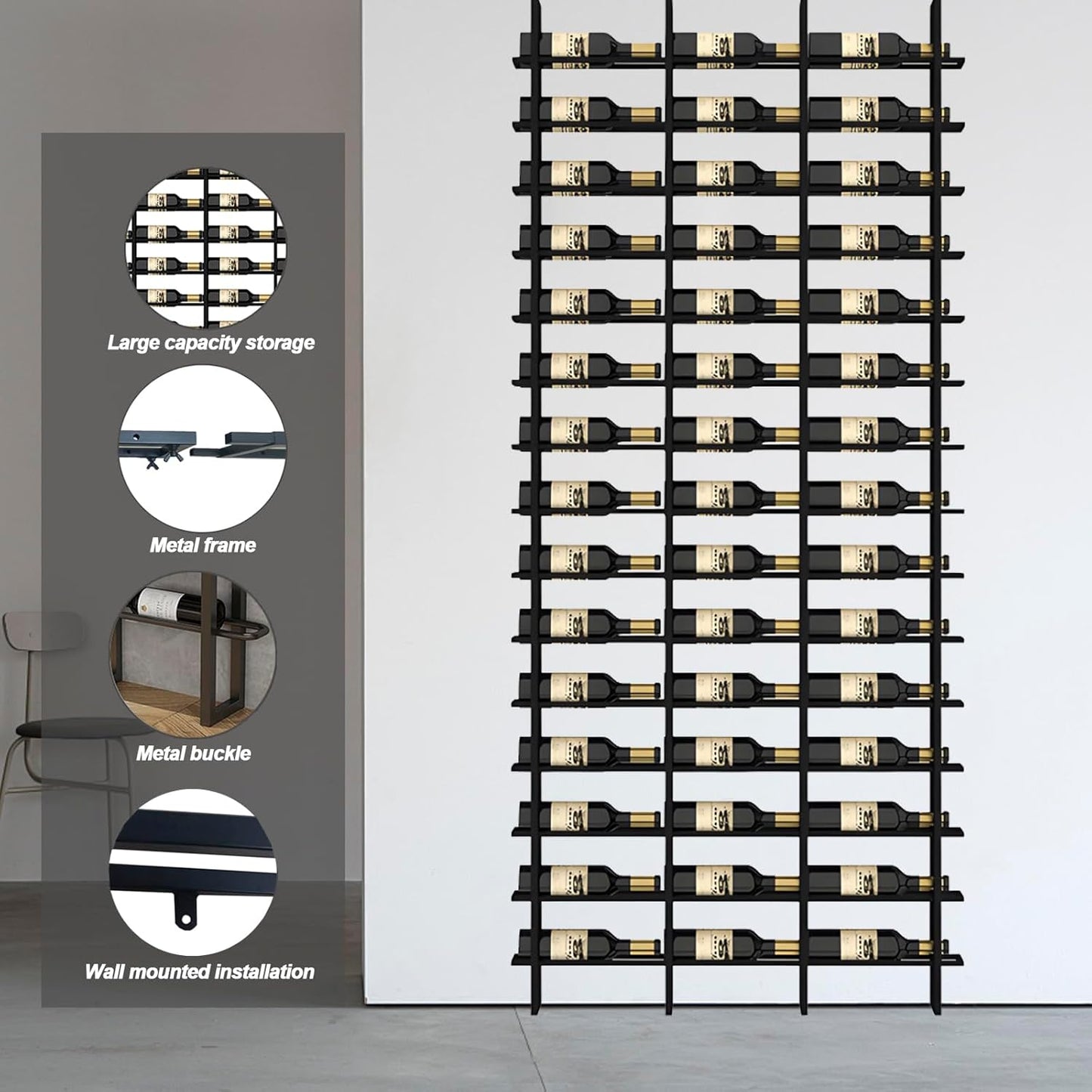 Wine Rack Freestanding Floor, 16 Tier 48 Bottle Capacity Display Holder, Black Industrial Wine Bottle Storage Shelves, for Any Bar, Wine Cellar, Kitchen, Dining Room (Black, 3 Column)