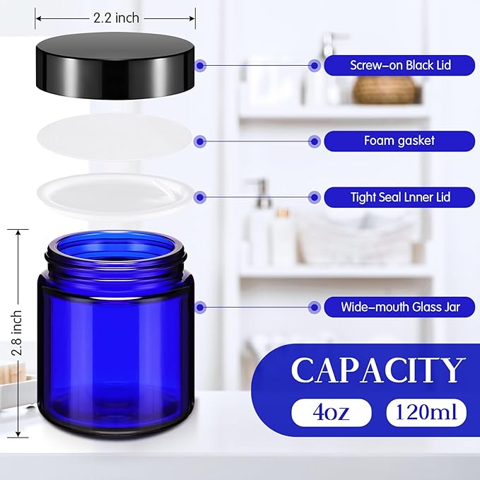 Norme 48 Pcs 4 oz Glass Jars with Lids Leakproof Round Airtight Empty Cosmetic Jars with Inner Liners Lid for Storing Lotions Powder Ointments Candle Making Tins (Black,Blue)