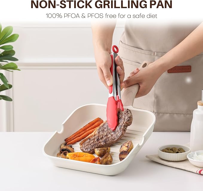 Nonstick Grilling Pan with Lid for Stove Tops, 11 Inch Square Grill Pan for Indoor Cooking, Healthy Coating Grill Skillet with Pour Spouts, Versatile Griddle, Induction Steak Pan, White