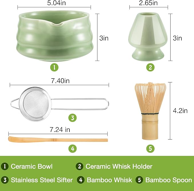 Matcha Whisk Set- Matcha Set includes Matcha Whisk and Bowl with Spout, Sifter, Holder and Scoop- The Perfect Bamboo Whisk for Matcha Tea (Green)