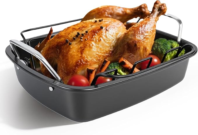Nonstick Turkey Roasting Pan with Rack - 17×13.6 Inch Large Turkey Roaster Pan For Oven - Double-Ply Clad NonStick Roasting Pan For Roasting Chicken, Meats and Vegetables（Dark Gray）