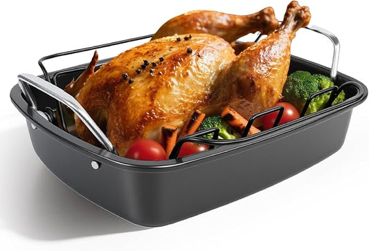 Nonstick Turkey Roasting Pan with Rack - 17×13.6 Inch Large Turkey Roaster Pan For Oven - Double-Ply Clad NonStick Roasting Pan For Roasting Chicken, Meats and Vegetables（Dark Gray）