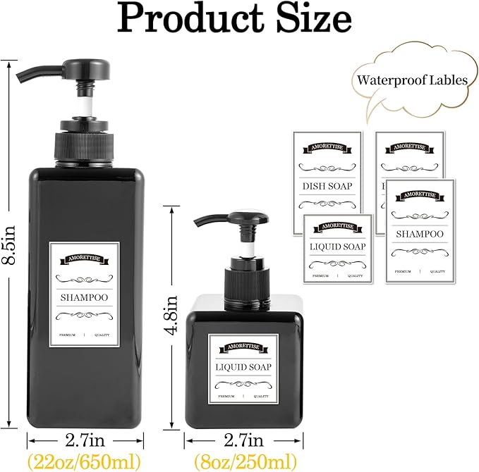 12 Pack Shampoo and Conditioner Dispenser Bottles, 8 Pack 22 Oz and 4 Pack 8 Oz Refillable Square Plastic Pump Bottles for Dispensing Lotions, Shampoo, Conditioner, Body Wash (Black)