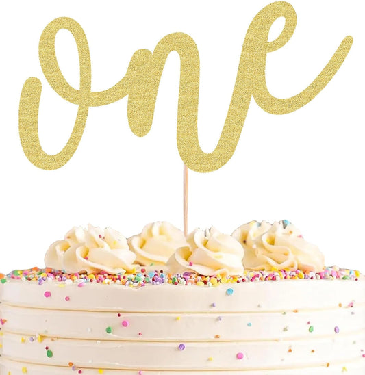 First Birthday Cake Topper - Gold Glitter One Cake Decorating Supplies for Girls and Boys, Perfect for Baby Shower/Gender Revealing Party/Baby Party Photo Booth Props