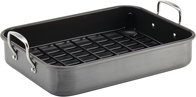 Rachael Ray Brights Hard Anodized Nonstick Roaster / Roasting Pan with Rack - 16 Inch x 12 Inch, Gray