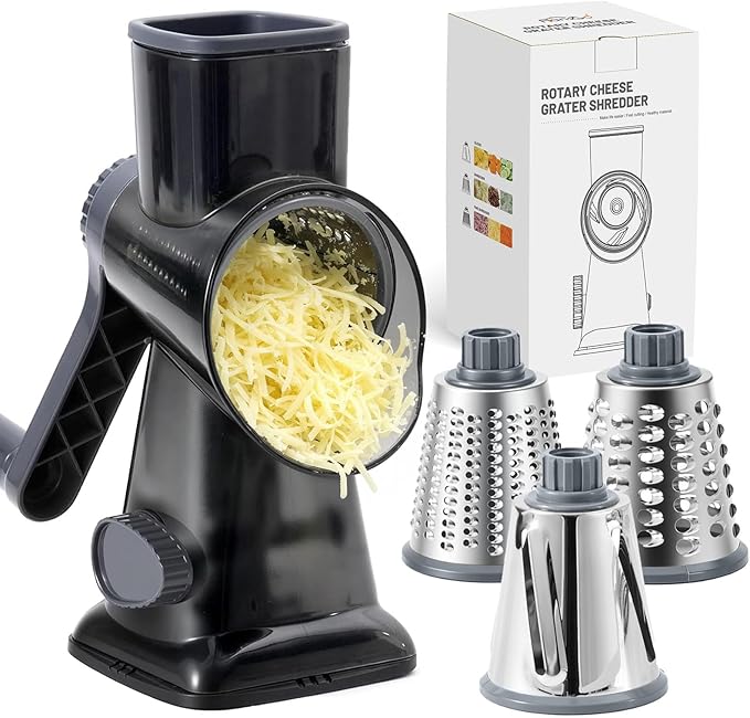 HANSGO Rotary Cheese Grater, Hand Crank Cheese Shredder for Fresh Cheeses, Vegetable, Nuts, Safe Kitchen Tool, Non-slip Suction Base, Labor-Saving Handle, Cleaning Brush, Three Blades